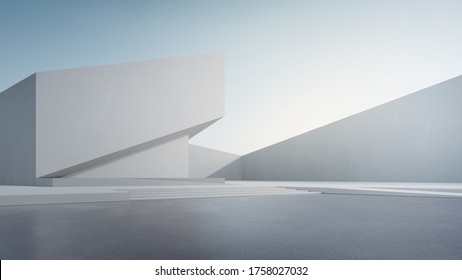 Empty concrete floor for car park. 3d rendering of abstract white building with blue sky background.