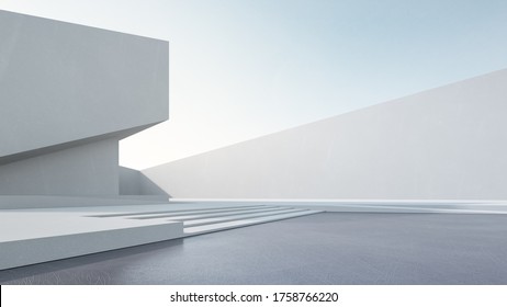 Empty Concrete Floor For Car Park. 3d Rendering Of Abstract White Building With Blue Sky Background.