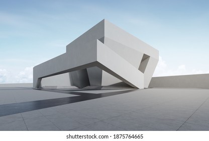 Empty Concrete Floor For Car Park. 3d Rendering Of Abstract Gray Building With Clear Sky Background.