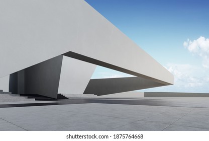 Empty Concrete Floor For Car Park. 3d Rendering Of Abstract Gray Building With Clear Sky Background.