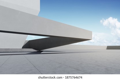 Empty Concrete Floor For Car Park. 3d Rendering Of Abstract Gray Building With Clear Sky Background.