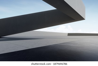 Empty Concrete Floor For Car Park. 3d Rendering Of Abstract Gray Building With Clear Sky Background.