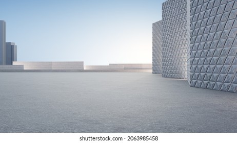 Empty Concrete Floor For Car Park. 3d Rendering Of Abstract Gray Building With Clear Sky Background.