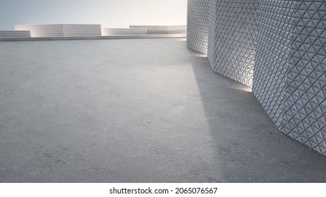 Empty Concrete Floor For Car Park. 3d Rendering Of Abstract Gray Building With Clear Sky Background.