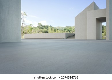 Empty Concrete Floor For Car Park. 3d Rendering Of Abstract Gray Building With Clear Sky Background.