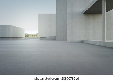 Empty Concrete Floor For Car Park. 3d Rendering Of Abstract Gray Building With Clear Sky Background.