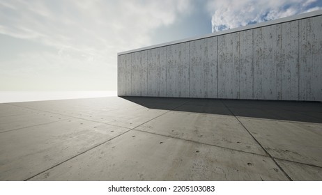 Empty Concrete Floor For Car Park. 3d Rendering Of Abstract Gray Building With Clear Sky Background.