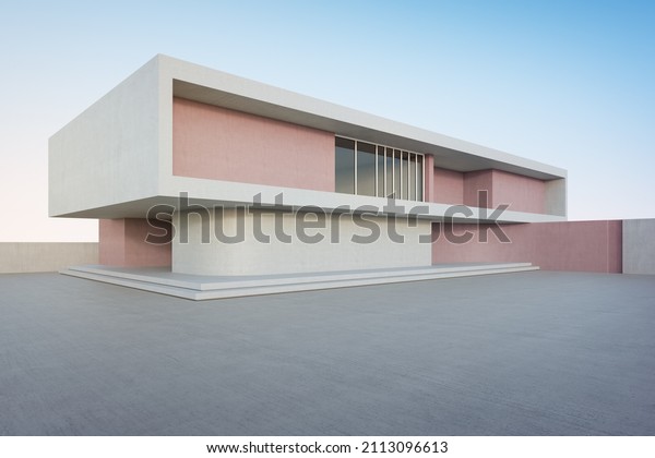 Empty concrete floor\
for car park. 3d rendering of abstract red and gray building with\
clear sky\
background.