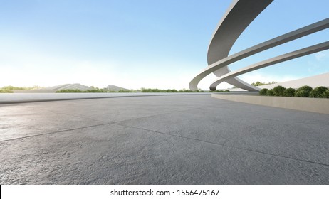 Empty concrete floor in city park. 3d rendering of outdoor space and future architecture with blue sky background.