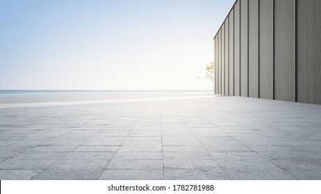 Empty concrete floor and gray wall. 3d rendering of sea view plaza with clear sky background.
