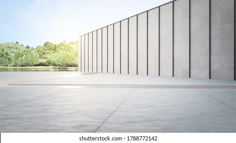 Empty Concrete Floor And Gray Wall. 3d Rendering Of City Park With Clear Sky Background.