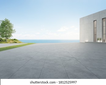 Empty Concrete Floor And Gray Wall Building. 3d Rendering Of Large Beach House With Clear Sky Sea Background.