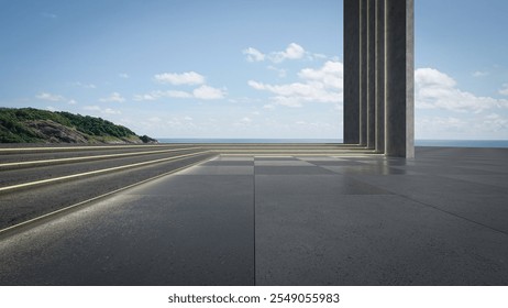 Empty concrete floor and gray wall. 3d rendering of modern building with blue sky and sea background.