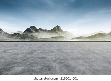 Empty Concrete Floor With Mountain And Blue Sky View. 3D Rendering Background For Car Park.