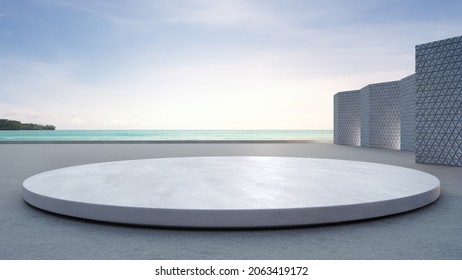 Empty Concrete Floor And Round White Podium. 3d Rendering Of Sea View Plaza With Clear Sky Background.