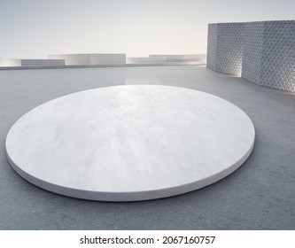 Empty concrete floor and round white podium. 3d rendering of plaza with clear sky background.