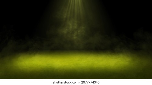 Empty Concrete Floor With Spotlight And Smoke Studio Concept And Lime Green Atmospheric Lighting For Product Presentation