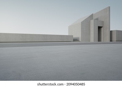 Empty Concrete Floor And White Cement Wall In City Park. 3d Rendering Of Abstract Gray Building With Clear Sky Background.