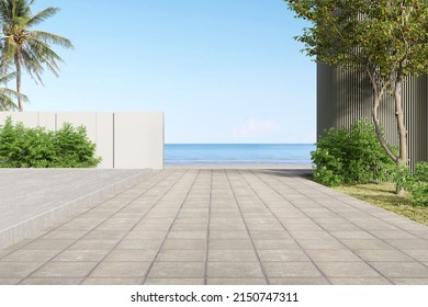 Empty Concrete Footpath With Building Wall Landscape On Sea Background. 3d Rendering.