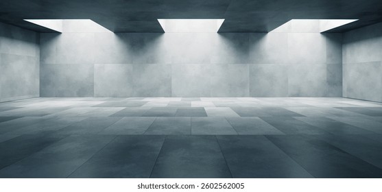 Empty concrete room background with soft light from rectangular skylights. Modern, industrial space with sleek minimalist design. Ideal for backgrounds, architecture concepts, branding. 3D render 