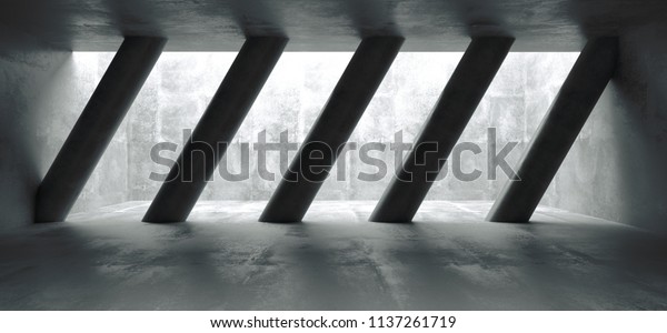 Empty Concrete Room With Ceiling Hole\
Shining Light Through It And Concrete Columns Inside With Blue\
Light At Background 3D Rendering\
Illustration