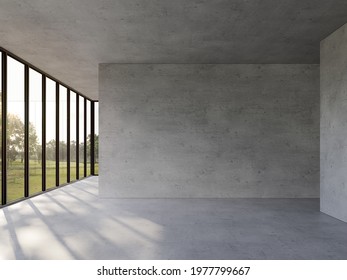 Empty concrete room with nature view 3d render,There are polished concrete floor ,wall and ceiling,There are large window look out to see the garden view,sunlight shining into the room.