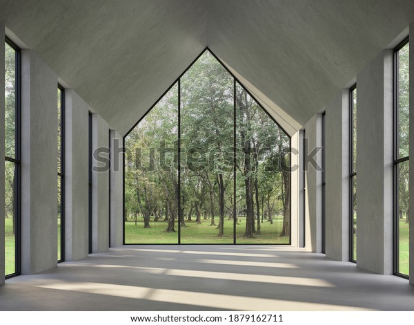 自然の表示が3dの空のコンクリートの部屋 磨き上げられたコンクリートの床 壁 三角形の形状の天井 自然を見るための大きな窓 部屋に光る日差があります のイラスト素材