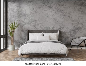 Empty Concrete Wall In Modern And Cozy Bedroom. Mock Up Interior In Contemporary, Loft Style. Free Space, Copy Space For Your Picture, Text, Or Another Design. Bed, Plant, Armchair. 3D Rendering