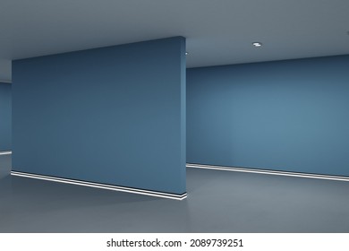 Empty Contemporary Blue Gallery Interior With Mock Up Place On Wall And Reflections On Floor. Art, No People, Museum And Exhibition Concept. 3D Rendering