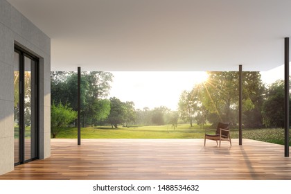 Пустая современная терраса с видом на сад 3d рендер, деревянный пол и бетонная плитка, обставленная кожаным креслом, с видом на большой сад по утрам.