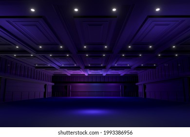 Empty convention hall center.The backdrop for exhibition stands,booth elements. Meeting room for the conference.Arena for entertainment,concert,event,wedding,grand opening.Large ballroom.3d render.
