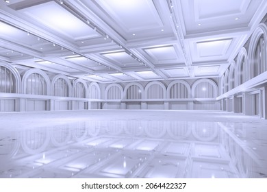 Empty Convention Hall Center .The Backdrop For Exhibition Stands,booth Elements. Meeting Room For The Conference.Big Arena For Entertainment,concert,event. Ballroom.3d Render.