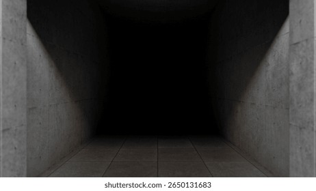 Empty corridor featuring concrete walls and a tiled floor, leading into an abyss of darkness, evokes a sense of mystery and suspense, inviting thoughts of the unknown