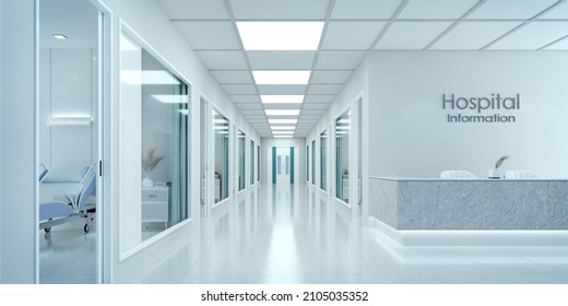 Empty Corridor In Modern Hospital With Information Counter And Hospital Bed In Rooms.3d Rendering