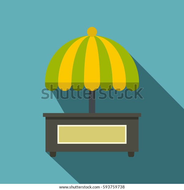 Empty counter with yellow and\
green umbrella icon. Flat illustration of empty counter with yellow\
and green umbrella  icon for web isolated on baby blue\
background