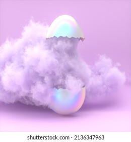 Empty Crack Egg Shell With Dreamy Cloud Decoration. 3d Rendering.