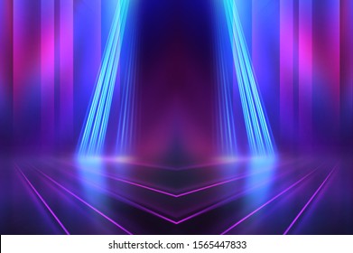 Empty dark abstract background. Background of an empty show scene. Glow of neon lights on an empty stage.