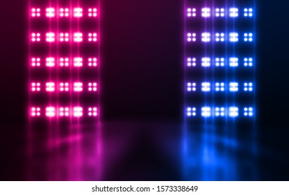 Empty dark abstract background. Background of empty show scene. Glow of neon lights on an empty concert stage.