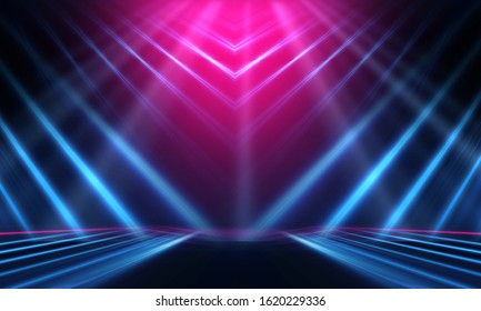 Empty dark abstract background. Background of empty show scene. Glow of neon lights on an empty concert stage.