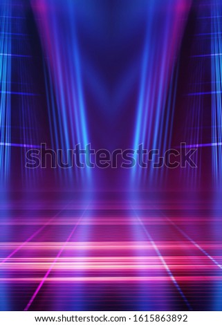 Empty dark abstract background. Background of empty show scene. Glow of neon lights on an empty concert venue. Reflection of light on the pavement.