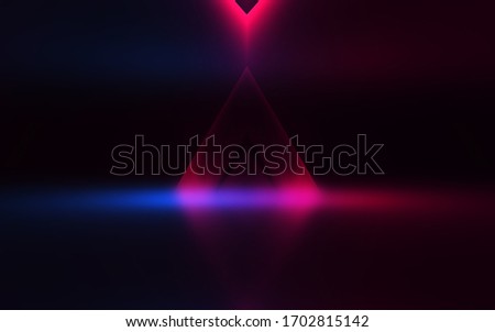 Empty dark abstract background. Background of empty show scene. Glow of neon lights and neon figures on an empty concert stage. Reflection of light on the pavement.