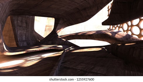Empty dark abstract brown concrete room smooth interior. Architectural background. Night view of the illuminated. 3D illustration and rendering - Shutterstock ID 1255927600