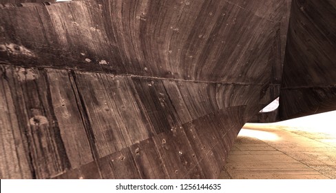 Empty dark abstract brown concrete room smooth interior. Architectural background. Night view of the illuminated. 3D illustration and rendering