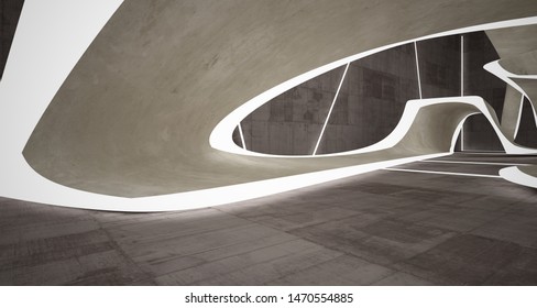 Empty dark abstract brown concrete room smooth interior. Architectural background. Night view of the illuminated. 3D illustration and rendering