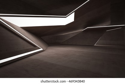 Empty dark abstract brown concrete room interior. Architectural background. Night view of the illuminated. 3D illustration and rendering