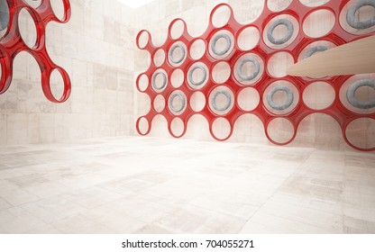 Empty dark abstract brown concrete smooth interior with wood and red glass. Architectural background. 3D illustration and rendering