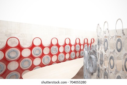 Empty dark abstract brown concrete smooth interior with wood and red glass. Architectural background. 3D illustration and rendering