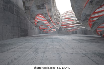 Empty dark abstract concrete smooth interior with red glossy lines . Architectural background. 3D illustration and rendering