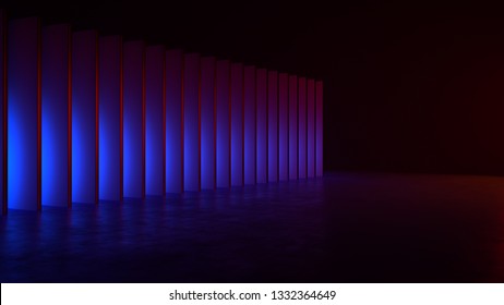 Empty Dark Abstract Modern Interior With Blue Glow Pillars. 3D Illustration. 3D Rendering. 