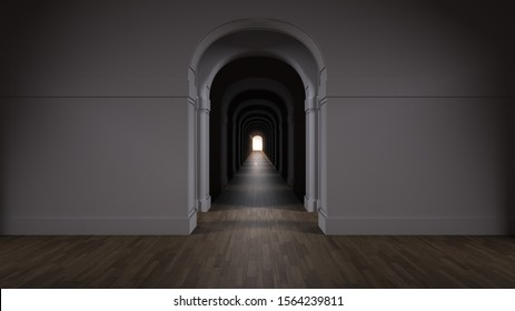 Empty dark architectural interior with infinite arch doors, endless corridor of doorway, walkaway, labyrinth. Move forward, opportunities, business, future, concept with copy space, 3d illustration